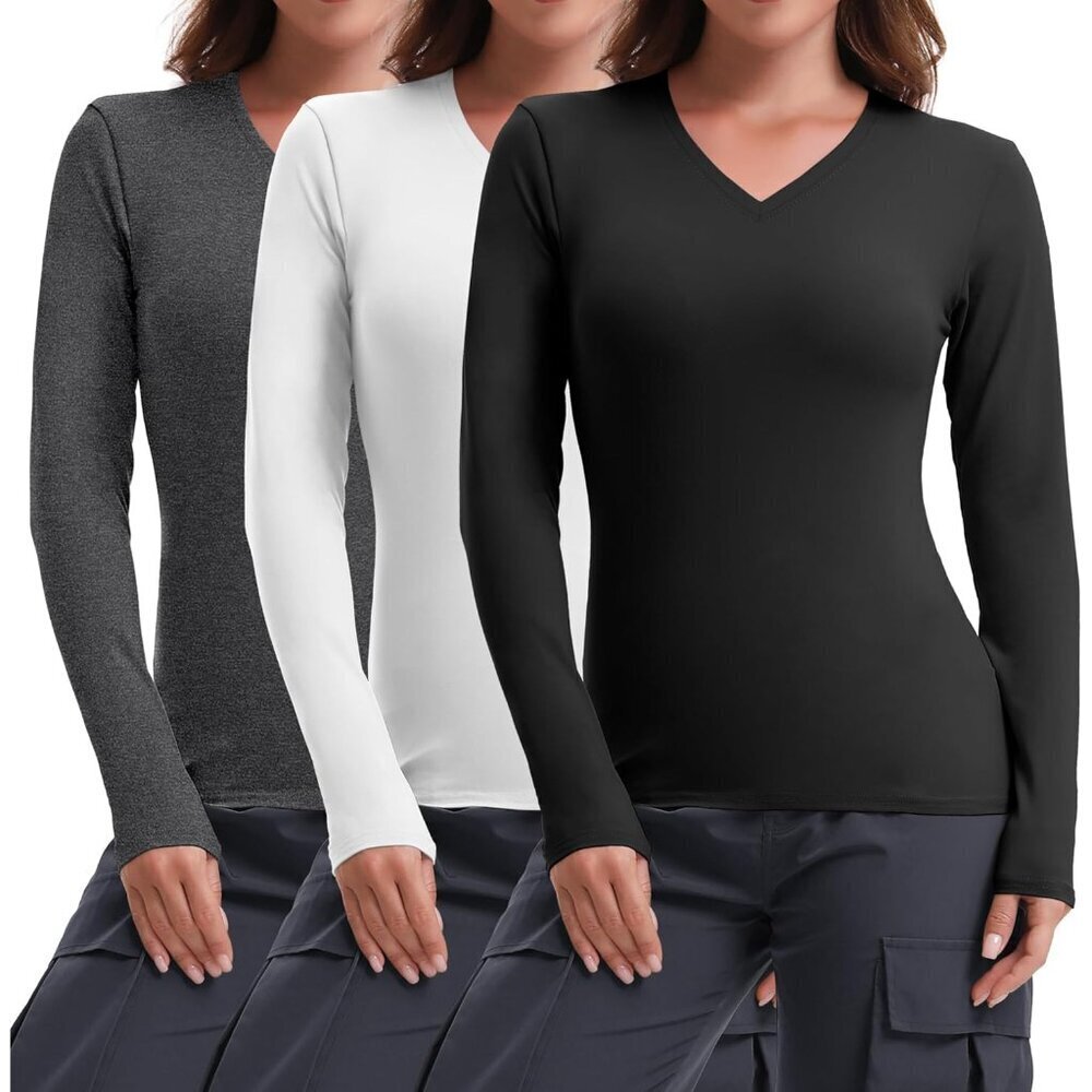 Womens Long Sleeve Shirts Basic Fitted V-Neck Workout Layering Tops